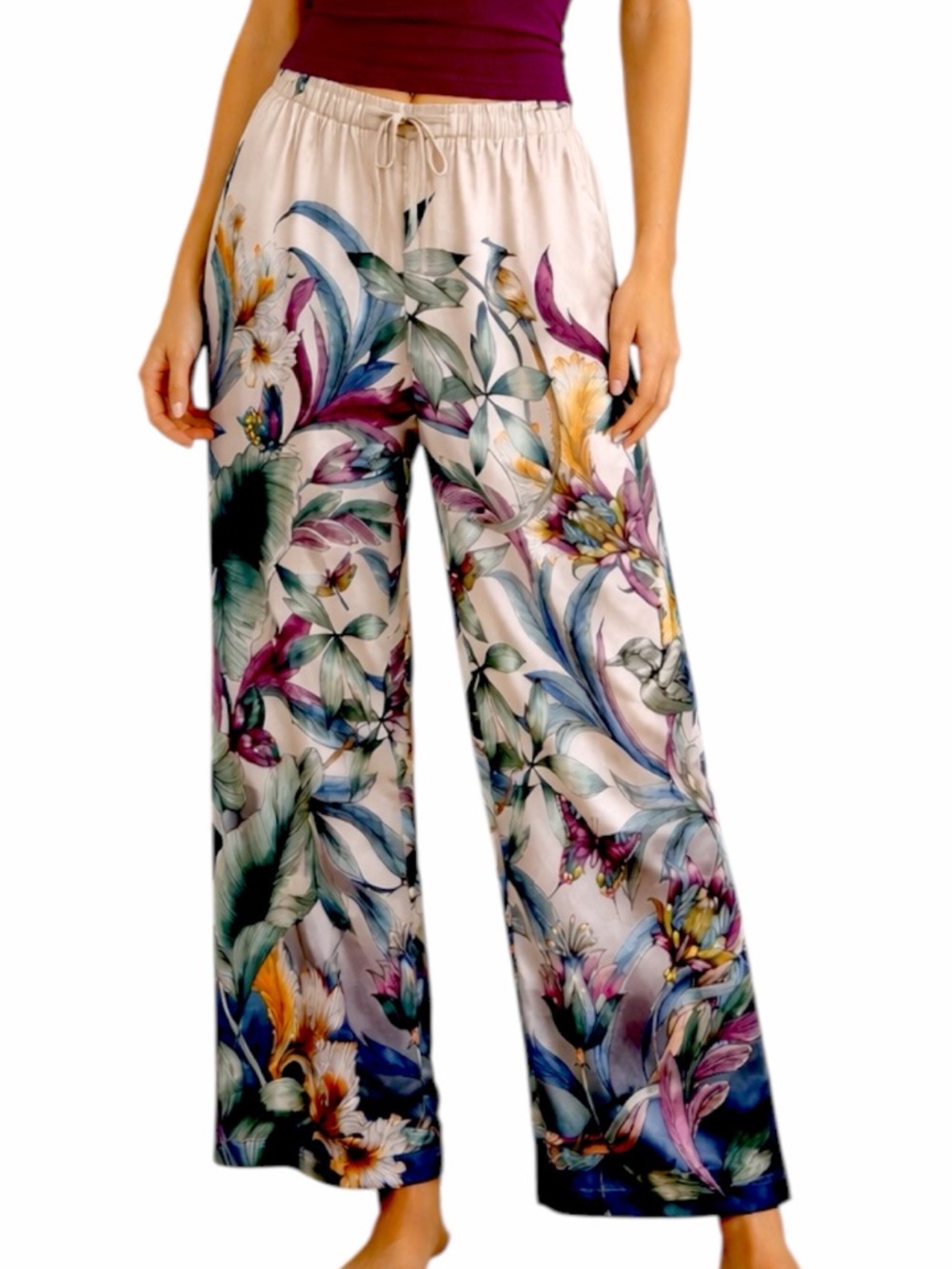 Soma Sensual Satin Botanical Floral Wide Leg Pajama Pants Medium Ivory Lounge
